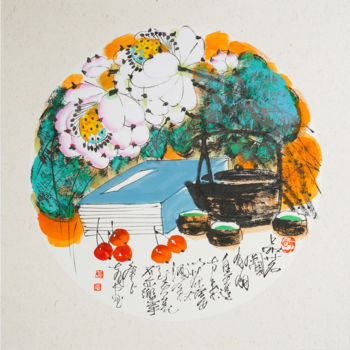 Картина под названием "Taste fine tea 品茗图…" - Dayou Lu, Подлинное произведение искусства, Пигменты