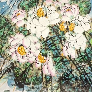 Malerei mit dem Titel "Lotus pond and clea…" von Dayou Lu, Original-Kunstwerk, Pigmente