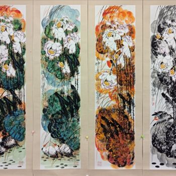 Painting titled "Fun in the Lotus po…" by Dayou Lu, Original Artwork, Pigments
