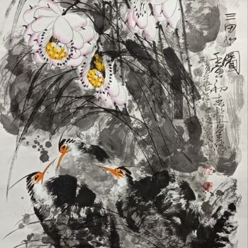 「Three Herons 三思图 （N…」というタイトルの絵画 Dayou Luによって, オリジナルのアートワーク, 顔料