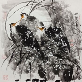 Painting titled "Three Herons 三思图 （N…" by Dayou Lu, Original Artwork, Pigments