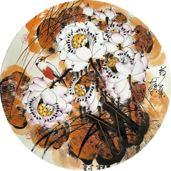 Painting titled "Summer lotus pond 荷…" by Dayou Lu, Original Artwork, Pigments