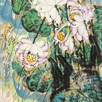 Malerei mit dem Titel "Lotus pond and clea…" von Dayou Lu, Original-Kunstwerk, Pigmente