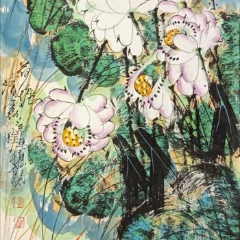 Painting titled "Lotus pond and clea…" by Dayou Lu, Original Artwork, Pigments