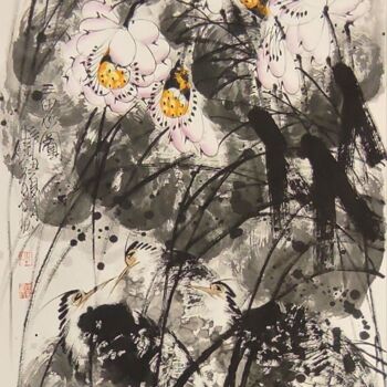 绘画 标题为“Three Herons 三思图 （N…” 由Dayou Lu, 原创艺术品, 颜料
