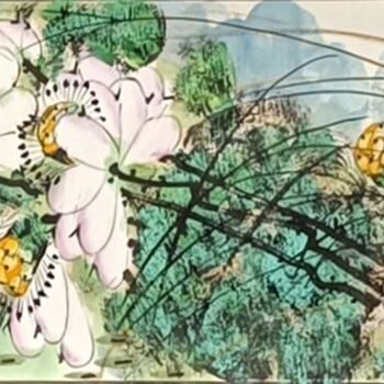 Pintura intitulada "Lotus pond and clea…" por Dayou Lu, Obras de arte originais, Pigmentos