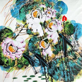 Malarstwo zatytułowany „Morning in the lotu…” autorstwa Dayou Lu, Oryginalna praca, Pigmenty