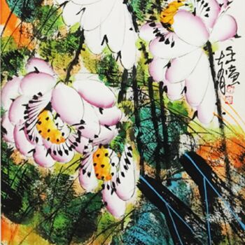 Painting titled "Fun in the lotus po…" by Dayou Lu, Original Artwork, Pigments