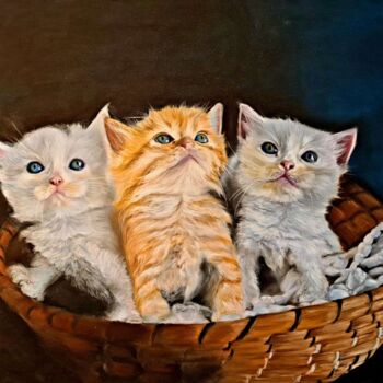 Pintura titulada "Pussy Kittens Cat -…" por Deimante Bruzguliene, Obra de arte original, Lápiz