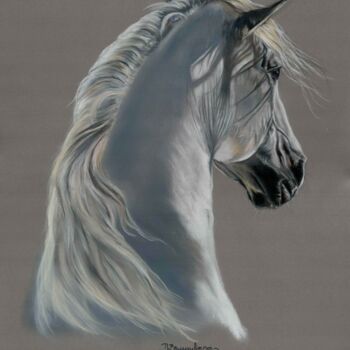 Painting titled "White horse Origina…" by Deimante Bruzguliene, Original Artwork, Pastel