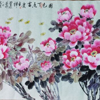 Pittura intitolato "国色天香(Peony)" da De Wen Dewen Yang Yang, Opera d'arte originale, Inchiostro