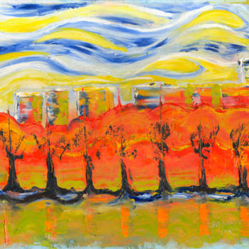 Painting titled "The trees in red. D…" by Dea Lieotto, Original Artwork, Oil