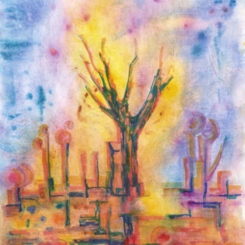 Painting titled "The tree on the road" by Dea Lieotto, Original Artwork, Watercolor