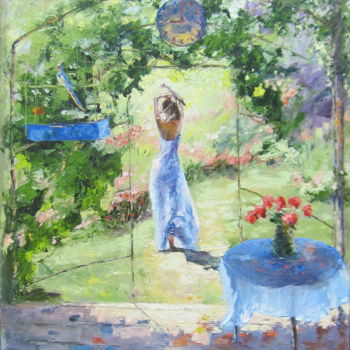 Painting titled "Girl Garden Rose, b…" by Viktoria Debda, Original Artwork, Oil