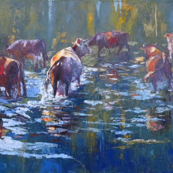 Картина под названием "Cows,Сountry style,…" - Viktoria Debda, Подлинное произведение искусства, Масло