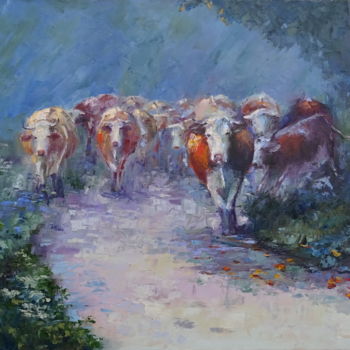 Painting titled "Cows herd might pow…" by Viktoria Debda, Original Artwork, Oil