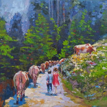 Malerei mit dem Titel "Cows,Children, Pass…" von Viktoria Debda, Original-Kunstwerk, Öl Auf Keilrahmen aus Holz montiert