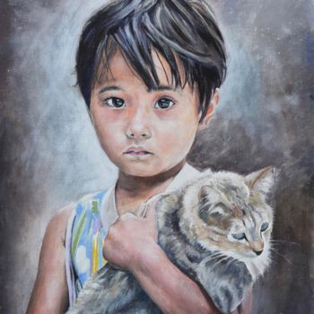 Painting titled "Girl with a Cat" by Debojyoti Boruah, Original Artwork, Acrylic