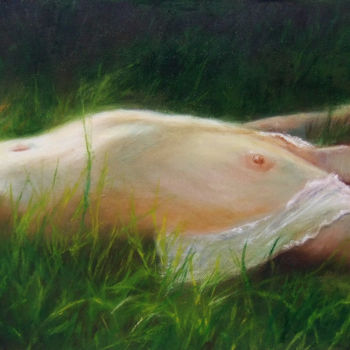 Schilderij getiteld "Nude on the grass" door Calidè, Origineel Kunstwerk, Olie