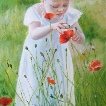 Painting titled "Child with poppies" by Calidè, Original Artwork