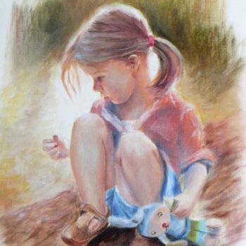 Painting titled "little girl with te…" by Calidè, Original Artwork, Oil