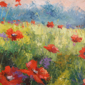 Painting titled "poppies landscape" by Calidè, Original Artwork, Oil