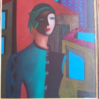 Painting titled "City-women" by Patricia De Boysson, Original Artwork, Oil Mounted on Wood Stretcher frame