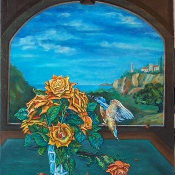 Painting titled "l'oiseau de paradis" by Patricia De Boysson, Original Artwork, Oil Mounted on Wood Stretcher frame