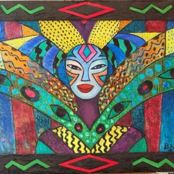 Painting titled "Masque" by Patricia De Boysson, Original Artwork, Oil Mounted on Wood Stretcher frame