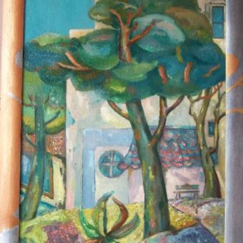 Painting titled "le pin parasol" by Patricia De Boysson, Original Artwork, Oil Mounted on Wood Stretcher frame
