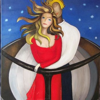 Ζωγραφική με τίτλο "couple à la poupe" από Patricia De Boysson, Αυθεντικά έργα τέχνης, Λάδι Τοποθετήθηκε στο Ξύλινο φορείο σ…
