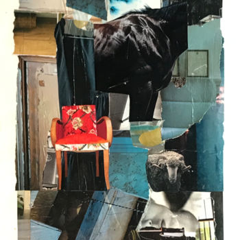 Collages titled "Red Chair & Black H…" by Debra Rogers, Original Artwork, Collages Mounted on Other rigid panel
