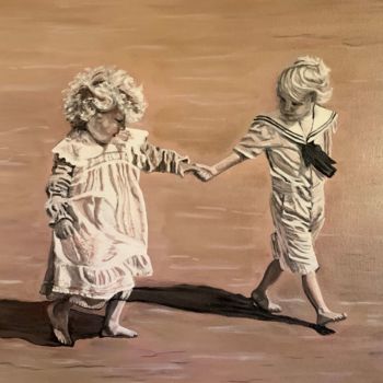 Pittura intitolato "Enfants sur la plag…" da Aline Morancho, Opera d'arte originale, Olio