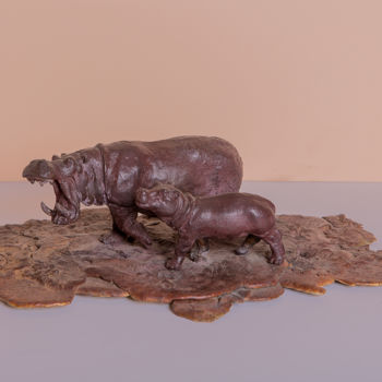 Sculpture intitulée "Mère hippopotame av…" par Christian Duvette Sculpteur Animalier, Œuvre d'art originale, Métaux