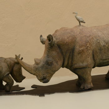 Sculpture titled "RHINOCEROS BLANC ET…" by Christian Duvette Sculpteur Animalier, Original Artwork, Bronze
