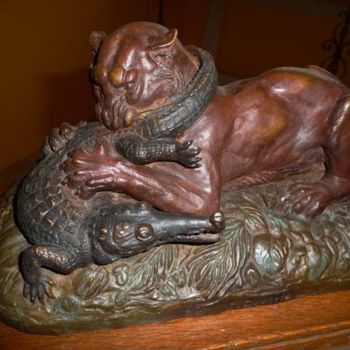 Escultura intitulada "Tigre et Gavial d'a…" por Christian Duvette Sculpteur Animalier, Obras de arte originais, Metais