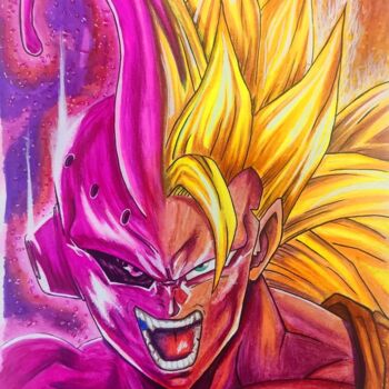 Drawing titled "Goku/majinbuu" by Defou-Aerographie, Original Artwork, Pencil Mounted on Other rigid panel