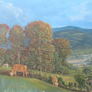 Painting titled "Landscape 17" by Dejan Djurovic, Original Artwork, Oil Mounted on Wood Stretcher frame
