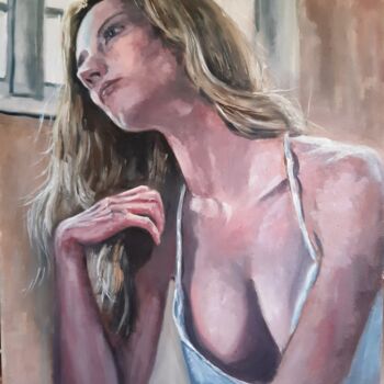 Painting titled "she" by Dejan Gulicoski, Original Artwork, Oil Mounted on Wood Stretcher frame