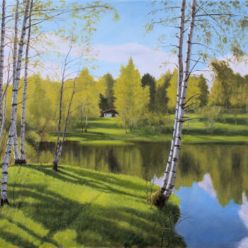 Painting titled "Birches on the Gras…" by Dejan Trajkovic, Original Artwork, Oil Mounted on Wood Stretcher frame