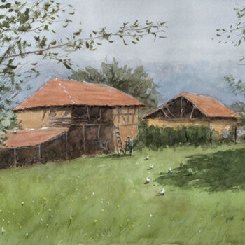 Pittura intitolato "Farmyard" da Dejan Trajkovic, Opera d'arte originale, Acquarello