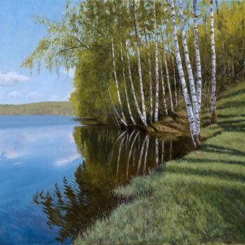 Malarstwo zatytułowany „Vlasina Birches” autorstwa Dejan Trajkovic, Oryginalna praca, Olej Zamontowany na Drewniana rama nos…