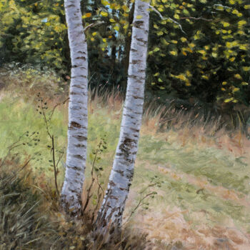 Malarstwo zatytułowany „Two Birches” autorstwa Dejan Trajkovic, Oryginalna praca, Olej Zamontowany na Drewniana rama noszy
