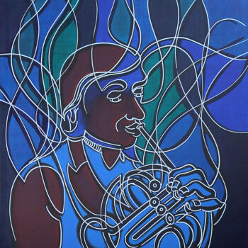 Painting titled "the-horn-player-130…" by Dek, Original Artwork, Acrylic Mounted on Other rigid panel