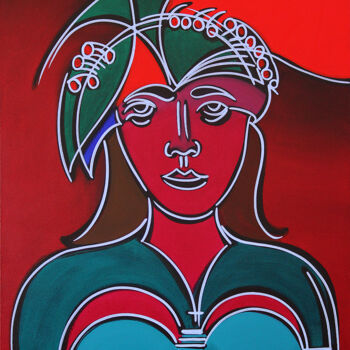 Painting titled "the-model-with-hat-…" by Dek, Original Artwork, Acrylic Mounted on Other rigid panel