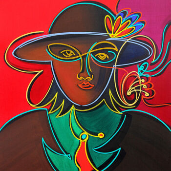 Painting titled "the model with red…" by Dek, Original Artwork, Acrylic Mounted on Cardboard