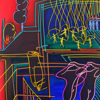 Malerei mit dem Titel "figures on stage II" von Dek, Original-Kunstwerk, Acryl Auf Andere starre Platte montiert