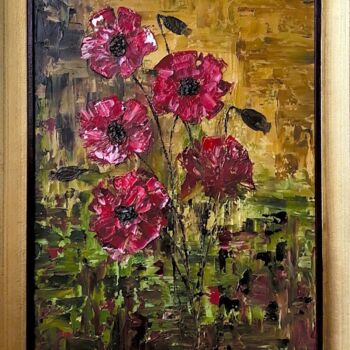 Schilderij getiteld "Field poppies" door Elena Dobkin, Origineel Kunstwerk, Olie Gemonteerd op Frame voor houten brancard