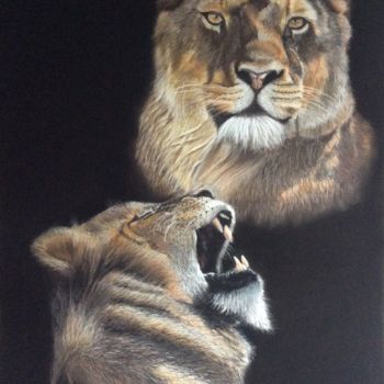 Painting titled "Les lionnes" by Eric Delesalle, Original Artwork, Pastel