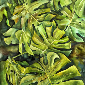 Painting titled "Monstera leaves" by Delnara El, Original Artwork, Watercolor